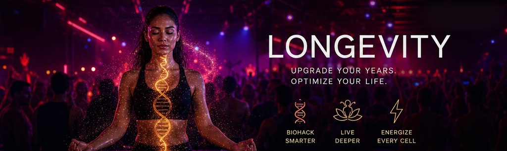 Longevity artwork — a woman meditating with a glowing DNA helix, surrounded by an energetic crowd.
