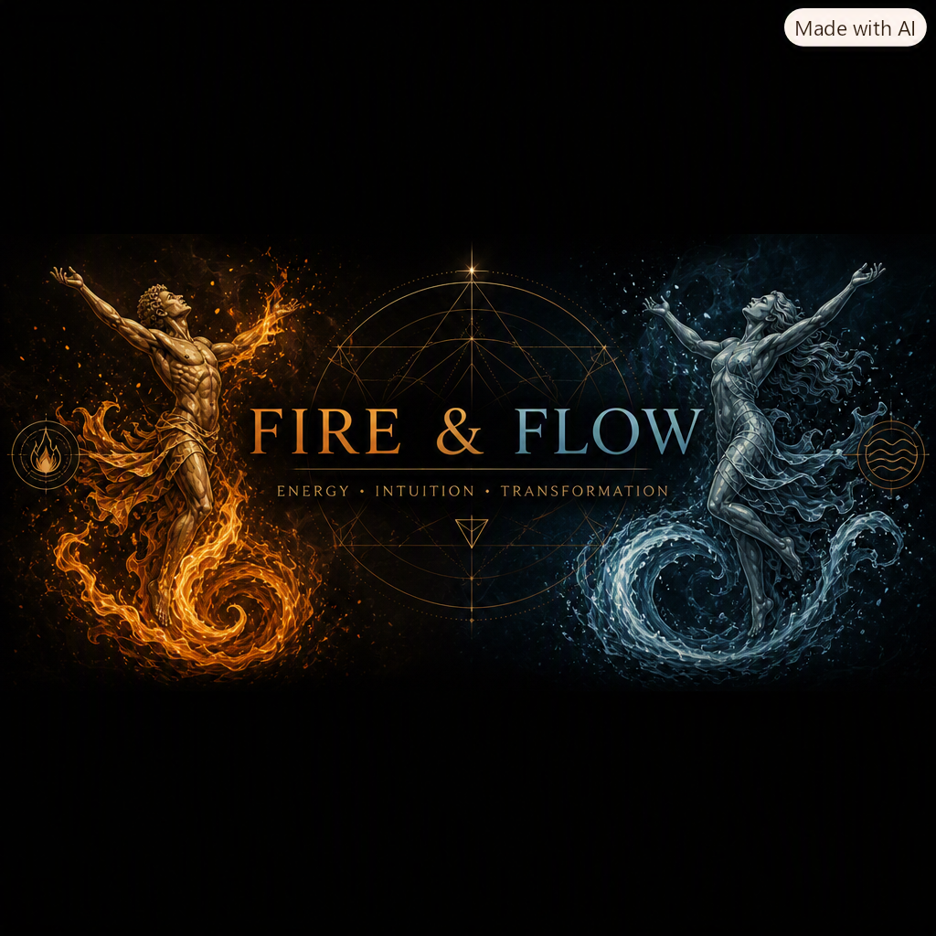 Fire & Flow — energy, intuition, transformation. A figure of flame and a figure of water mirrored in balance.