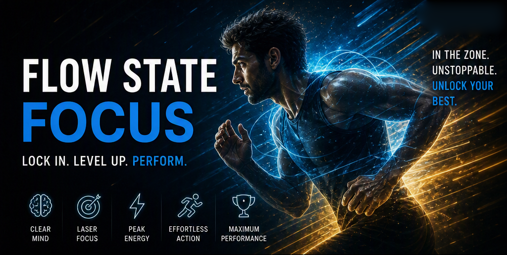 Flow State artwork — a sprinter locked in mid-stride, ringed by light and motion.