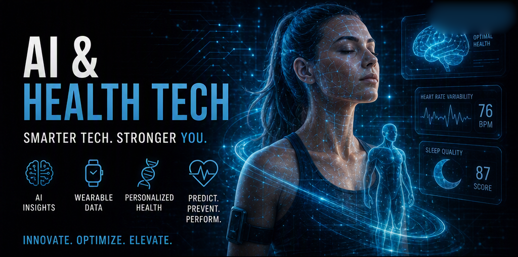 AI and Health Tech artwork — a woman surrounded by glowing health data: brain, heart rate, sleep quality.