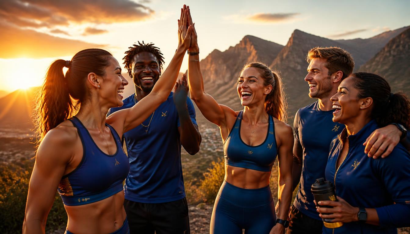 Energetic community of athletes celebrating together at sunset