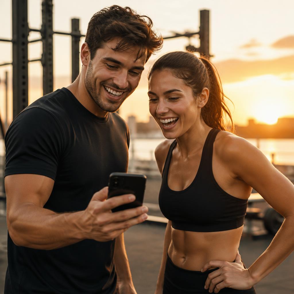 Two excited friends checking a phone after a workout