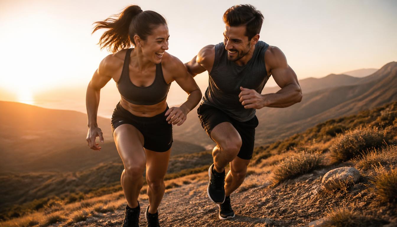 Athletic couple sprinting up a mountain trail at sunrise